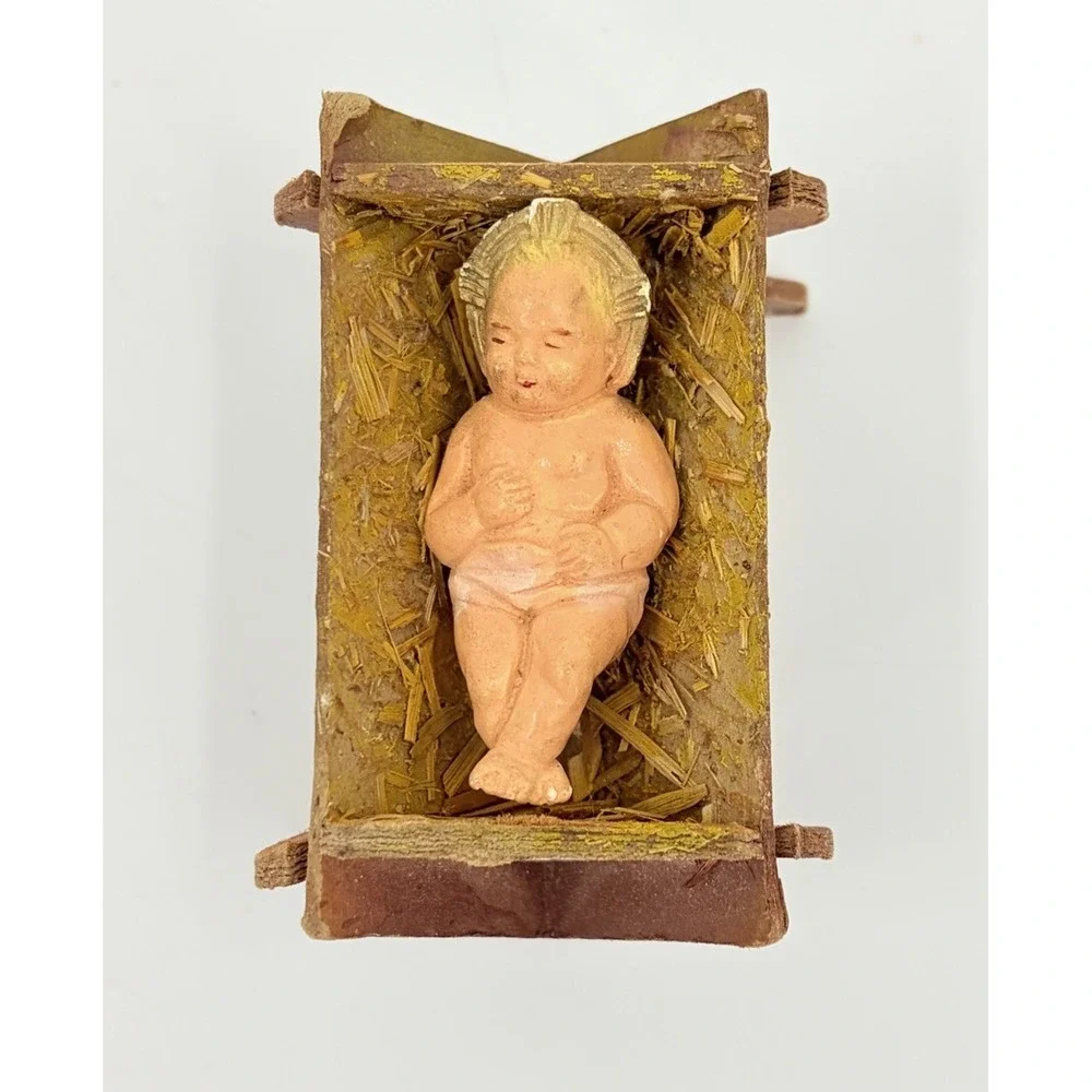 Vintage Putz Cardboard Manger & Chalkware Nativity Holy Family Jesus Mary Joseph